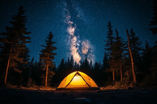 a glowing tent under a breathtaking starry sky. The Milky Way is visible above, with silhouettes of trees 