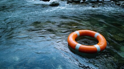 Vibrant Orange Lifebuoy Floating on Calm River Surface Surrounded by Natural Rocks and Gentle Water Flow