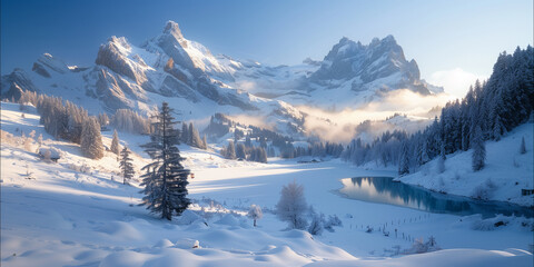 Serene Snowy Mountains with Turquoise Lake and Pine Trees Under a Blue Sky Breathtaking Winter Landscape with Sunlight Reflections and Detailed Terrain Texture