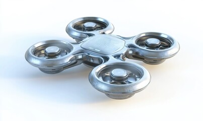 Obraz premium Metallic quadcopter drone hovering on white background, ready for flight