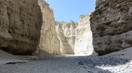 A narrow canyon with tall, light-colored rock walls and a rocky path at the bottom.