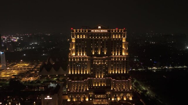 Aerial view of Kolkata Famous Five Star Hotel ITC Royal Bengal Drone View during Night