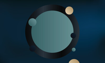 A futuristic and abstract digital illustration featuring a large circular shape in the center with a gradient teal interior and a sleek black outer ring