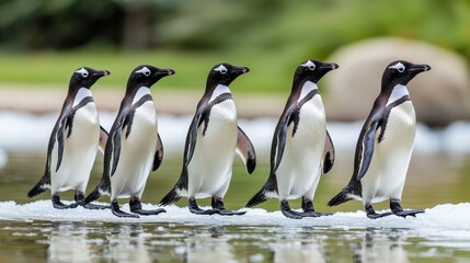 Obraz premium Five Penguins Walking on Ice by Water in Natural Habitat