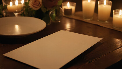 Elegant wedding menu mockup with candles on wooden table