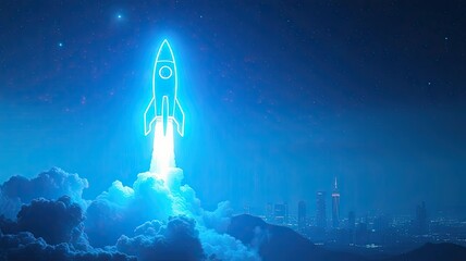Obraz premium Startup Rocket Launch Night Cityscape Success Innovation