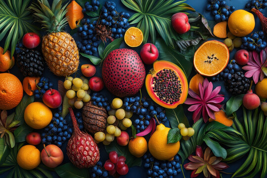 Bunch of fruit and flowers on blue background.
