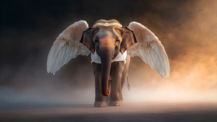 An elephant with wings, adorned in a white cloth, stands majestically against a dramatic, smoky background. Concept Majestic Elephant, Winged Creature, Dramatic Smoky Background