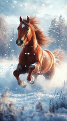 Majestic horse gallops through a snowy landscape with elegance and grace in the winter sunlight