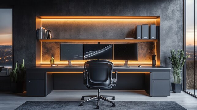 Modern Dark Home Office with Triple Monitor Setup and City View - Powered by Adobe