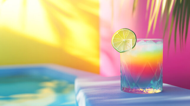 Vibrant summer cocktail by poolside with lime and colorful background