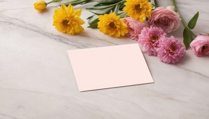 Bridal shower invitation mockup with flowers on marble background