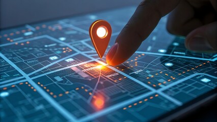 Finger pointing at location pin on digital map.