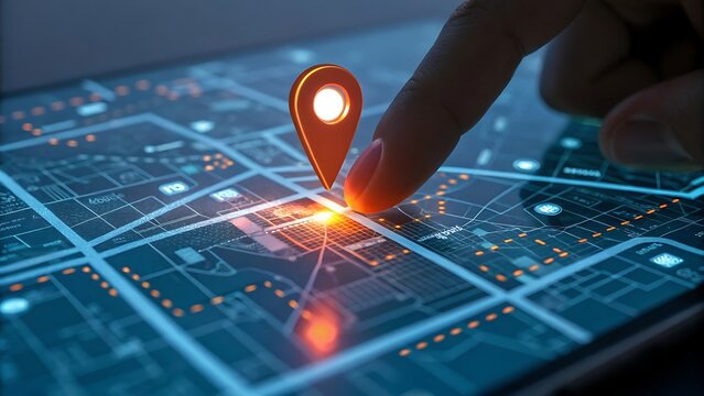 Finger pointing at location pin on digital map.