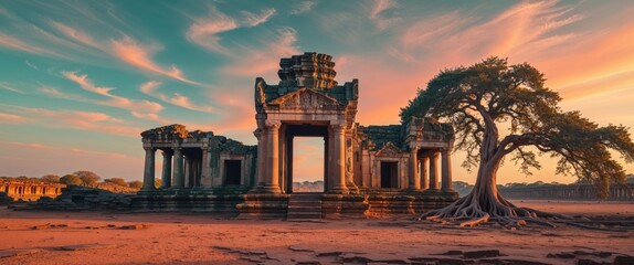 Fototapeta premium Ruins of ancient temples at sunset in a historical landscape.