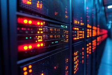 Fototapeta premium Illuminated Server Rack Data Center Technology, Network Infrastructure, Close-up