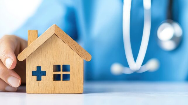 Person holding a wooden house model symbolizing hospital-at-home service models and modern healthcare solutions