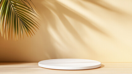 minimalistic white podium on wooden surface, surrounded by palm leaf against warm yellow wall, creating serene and inviting atmosphere