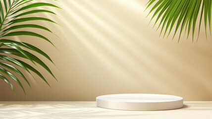 Fototapeta premium serene scene featuring white circular podium surrounded by lush green palm leaves against soft beige background, creating tranquil atmosphere