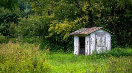 A small white shed with a rusted roof and a weathered door stands in a grassy field, surrounded by trees and bushes.