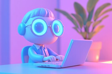 A 3D cartoon character works on a laptop in a vibrant, futuristic setting.