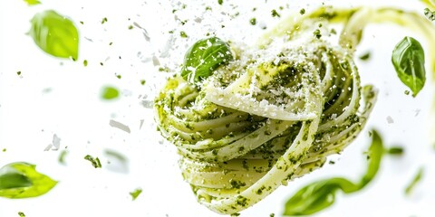 Fresh basil pesto pasta with parmesan sprinkles mid-air on a bright white background