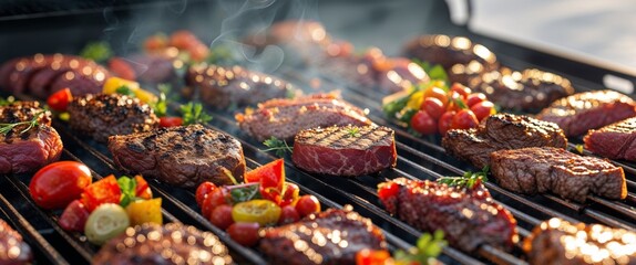 Assorted delicious meat and vegetables on barbecue grill.