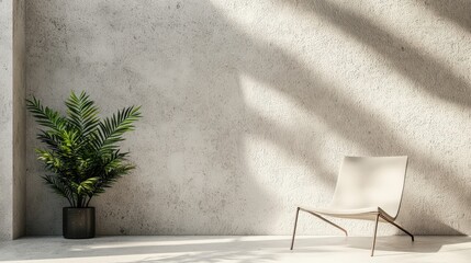 Minimalist Interior Design Concrete Wall, Modern Chair, and Tropical Plant