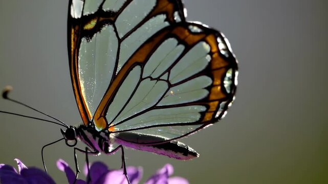 Close-up of a glasswing butterfly on a purple flower, showing its transparent, iridescent wings