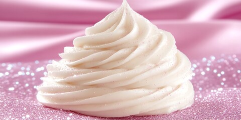 Delicate whipped cream swirl on a pink glittery backdrop, close up view