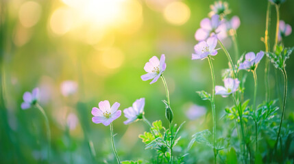 Tranquil spring meadow with wildflowers in soft sunlight