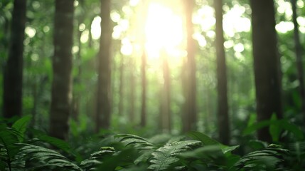 Fototapeta premium Sunlight Shining Through Lush Green Forest Trees and Leaves