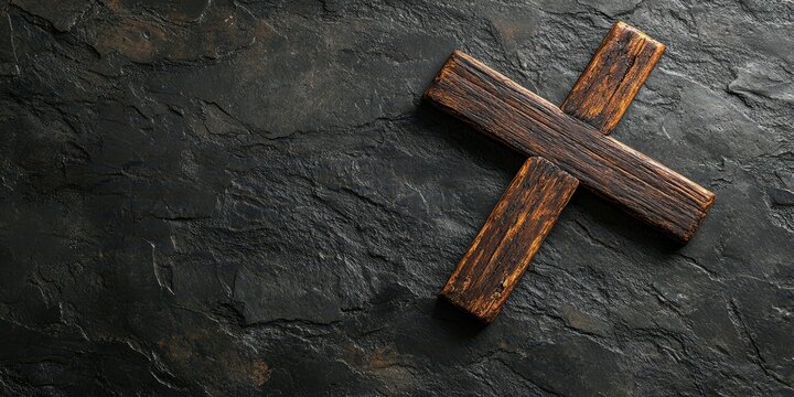 Rustic wooden cross placed on textured dark stone background evoking a sense of spirituality and reflection in subdued lighting