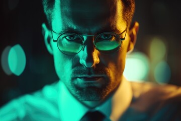 Close-up portrait of a man wearing round glasses, illuminated by vibrant teal and amber lighting.