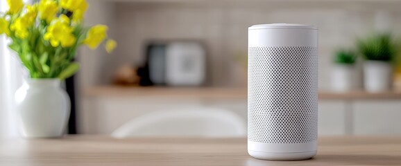 Naklejka premium Modern white smart speaker positioned on a table emphasizing indoor air quality monitors and smart home technology