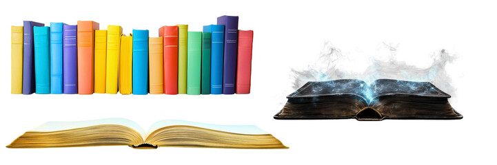 set of magical open books + colourful spines isolated over transparent (white) background; concept of magic school, fantasy, books, fictional literature, power of reading, imagination & knowledge 