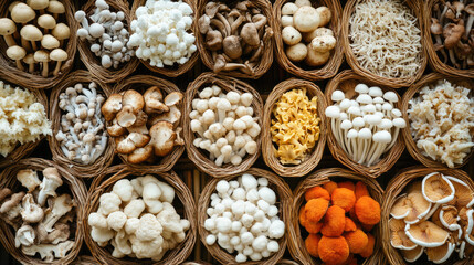 Assorted gourmet mushrooms in wicker baskets showcasing diverse textures and colors