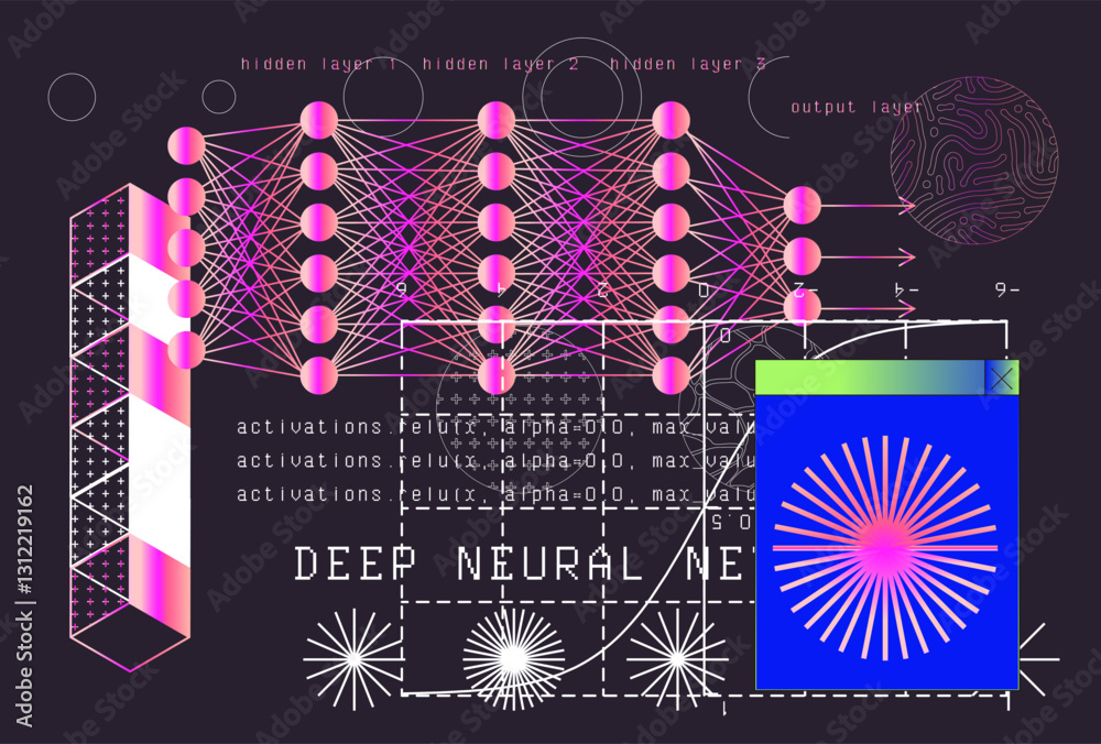 Aufkleber Colorful abstract illustration of a deep neural network with interconnected layers, graphs, and wave patterns on a black background. It symbolizes machine learning and complex data processing.