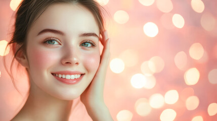 Naklejka premium Young caucasian female smiling with radiant skin and pink bokeh background