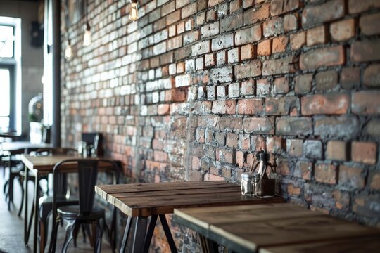 Warm and inviting cafe interior featuring rustic brick walls, wooden tables, and industrial decor elements in soft natural lighting.