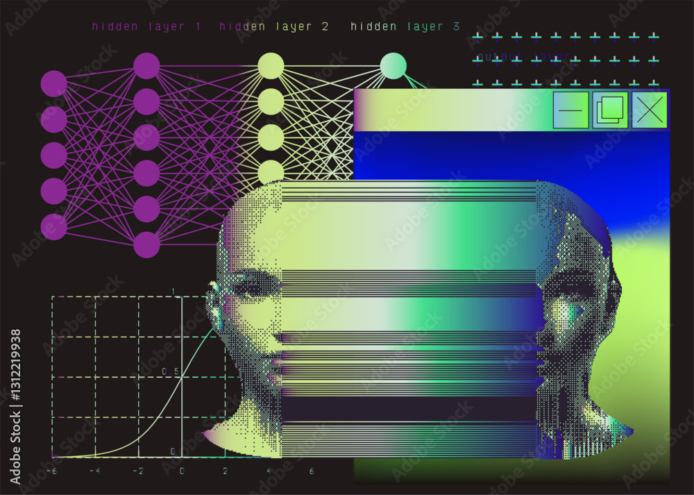 Aufkleber Abstract illustration depicting a deep neural network with layered nodes, a human face, and gradient elements. It conveys themes of artificial intelligence and data analysis on a dark background.
