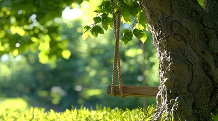 A swing hangs from a tree branch in a lush green field.