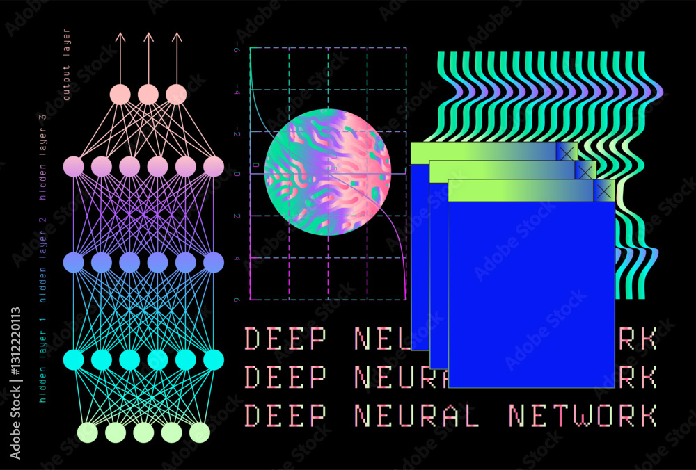 Poster Colorful abstract illustration of a deep neural network with interconnected layers, graphs, and wave patterns on a black background. It symbolizes machine learning and complex data processing.