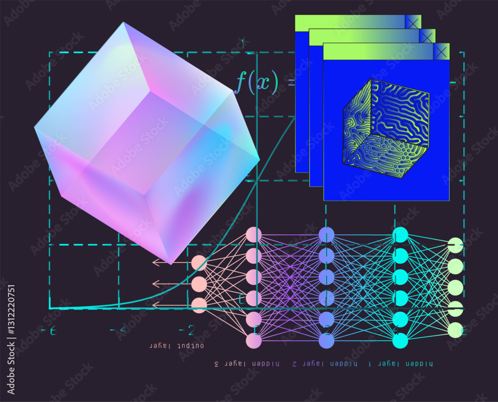 Aufkleber Colorful abstract illustration of a deep neural network with interconnected layers, graphs, and wave patterns on a black background. It symbolizes machine learning and complex data processing.