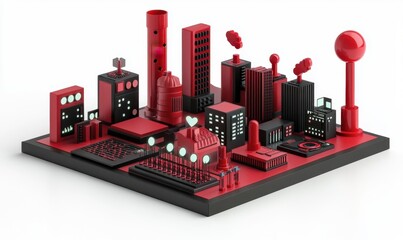 Red futuristic city model on platform, isometric view, urban development