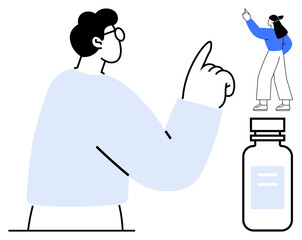 Large individual pointing upward toward a miniature figure on a bottle, portraying focus on development, growth, and goal setting. Ideal for guidance, strategy, leadership, mentorship, creativity