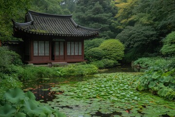Tranquil Asian Garden with Wooden Pavilion and Lily Pad Pond