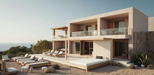 minimalist modern beach house with ocean view and luxurious outdoor lounge area