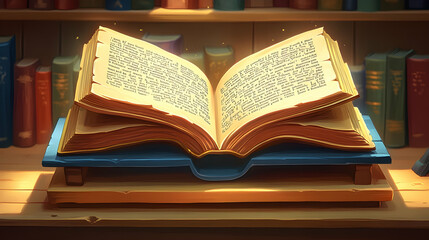 Obraz premium Open Ancient Book on Wooden Stand in Library