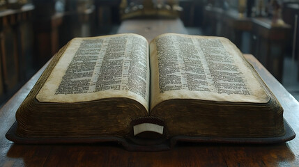 Obraz premium Open Ancient Book on Wooden Table in Church